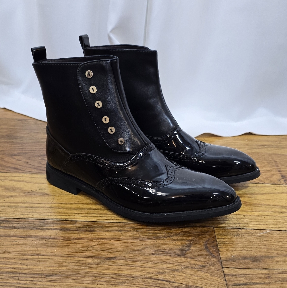 Black Leather British Wingtip Button Boots Patent Mens 12